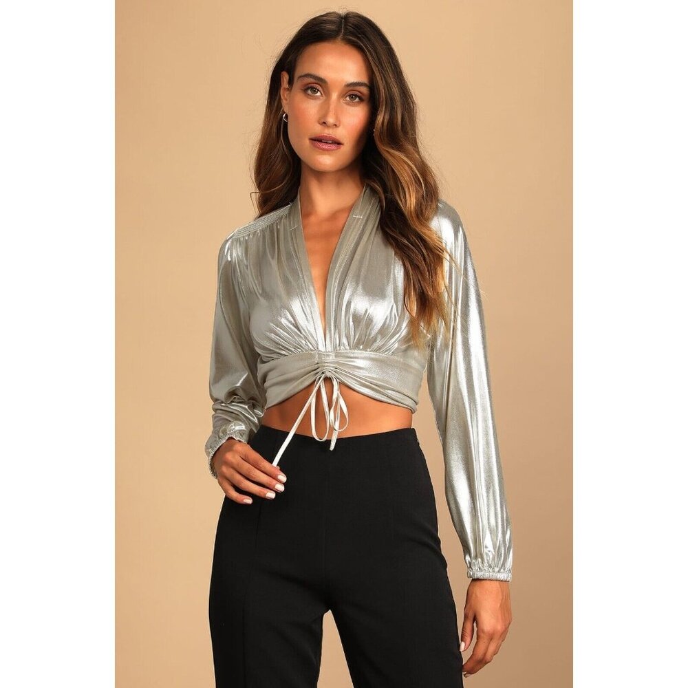 Lulu's Gold Long Sleeve Crop Blouse with Mandarin Collar